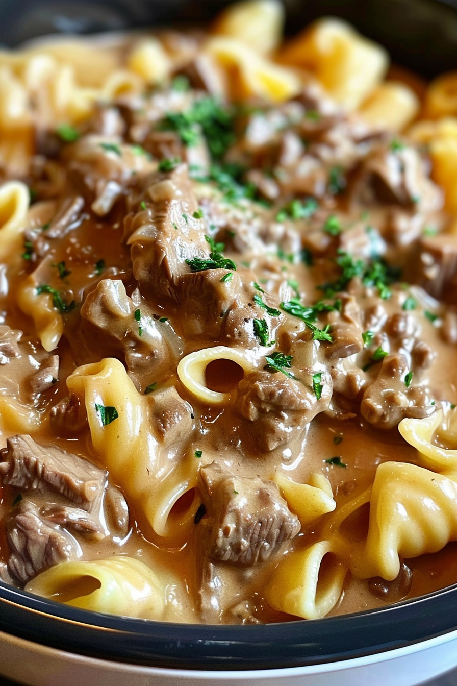 Slow Cooker Creamy Garlic Beef Pasta - An Organized Chaos